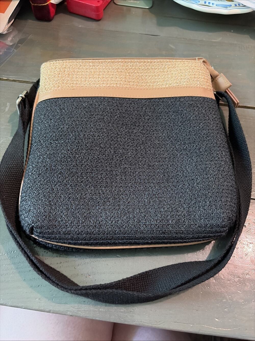 Magid Crossbody Bag Paper Straw Two Tone Black And Tan Canvas Strap RN 90894
